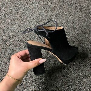 Black Suede Peep-Toe Lace-Up Chunky Platform Heel Ankle Booties Leather Shoe 7.5